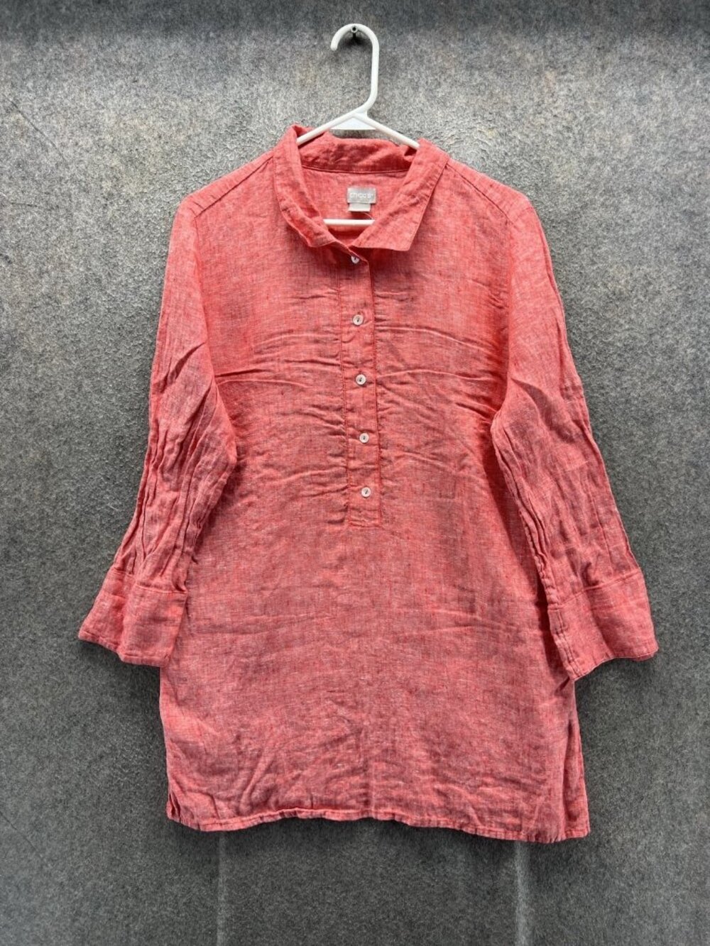 Chico's Blouse Women 2 Red Collared 3/4 Sleeve Linen Tunic Top Pullover
